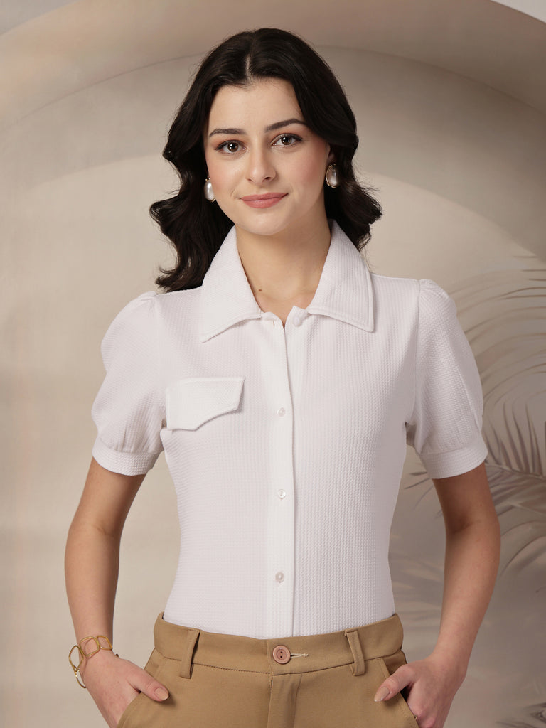 Style Quotient Women Texture White Formal Shirt Style Top-Tops-StyleQuotient