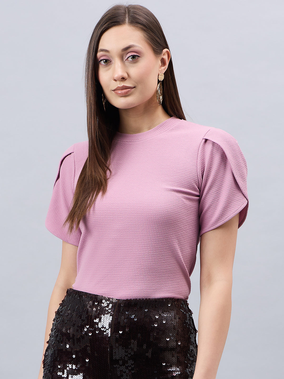 Style Quotient Women Solid Dusty Rose Poly Knit Smart Casual Regular Tulip Sleeve Top-Tops-StyleQuotient