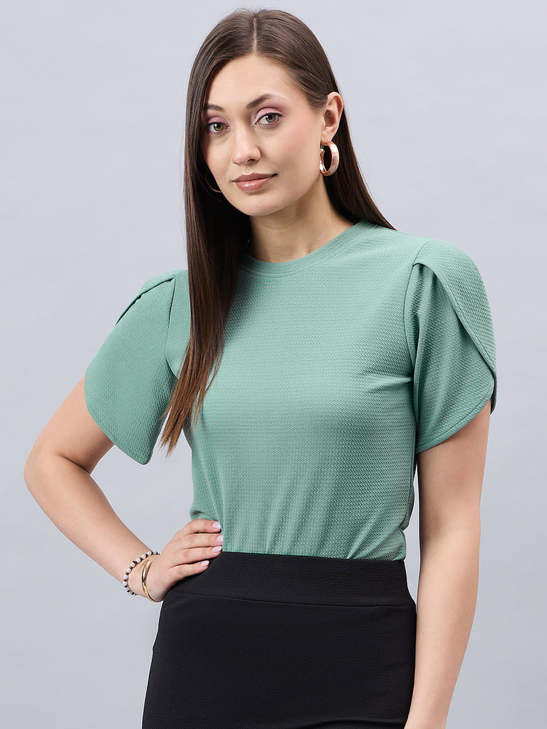 Style Quotient Women Solid Sage Green Poly Knit Smart Casual Regular Tulip Sleeve Top-Tops-StyleQuotient