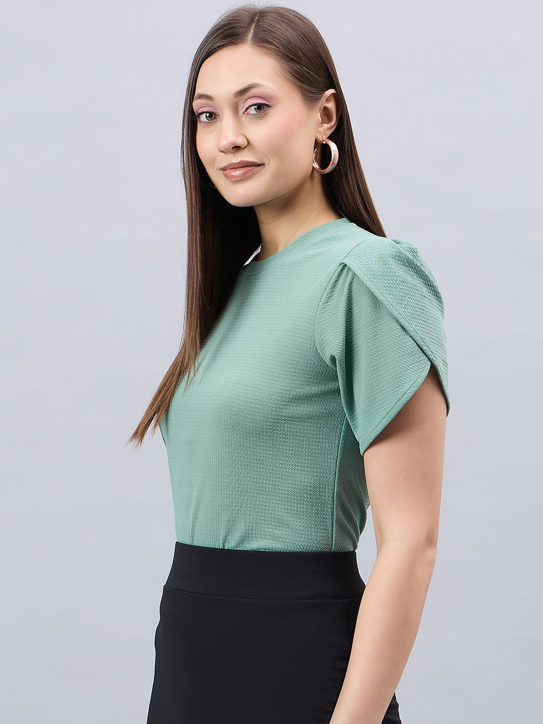 Style Quotient Women Solid Sage Green Poly Knit Smart Casual Regular Tulip Sleeve Top-Tops-StyleQuotient