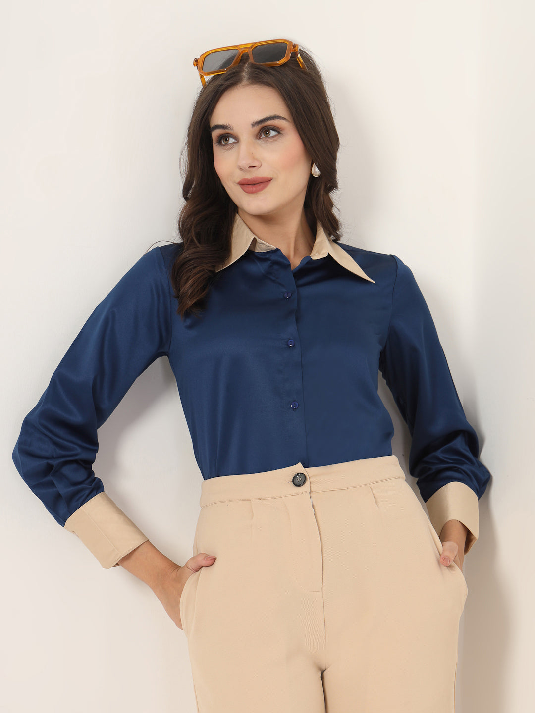 Style Quotient Women Navy And Champagne ColorBlock Satin Regular Fit Semi Formal Shirt-Shirts-StyleQuotient