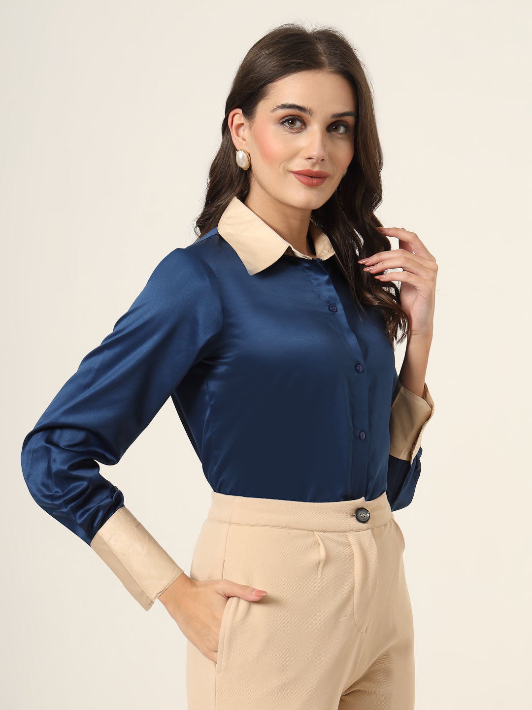 Style Quotient Women Navy And Champagne ColorBlock Satin Regular Fit Semi Formal Shirt-Shirts-StyleQuotient