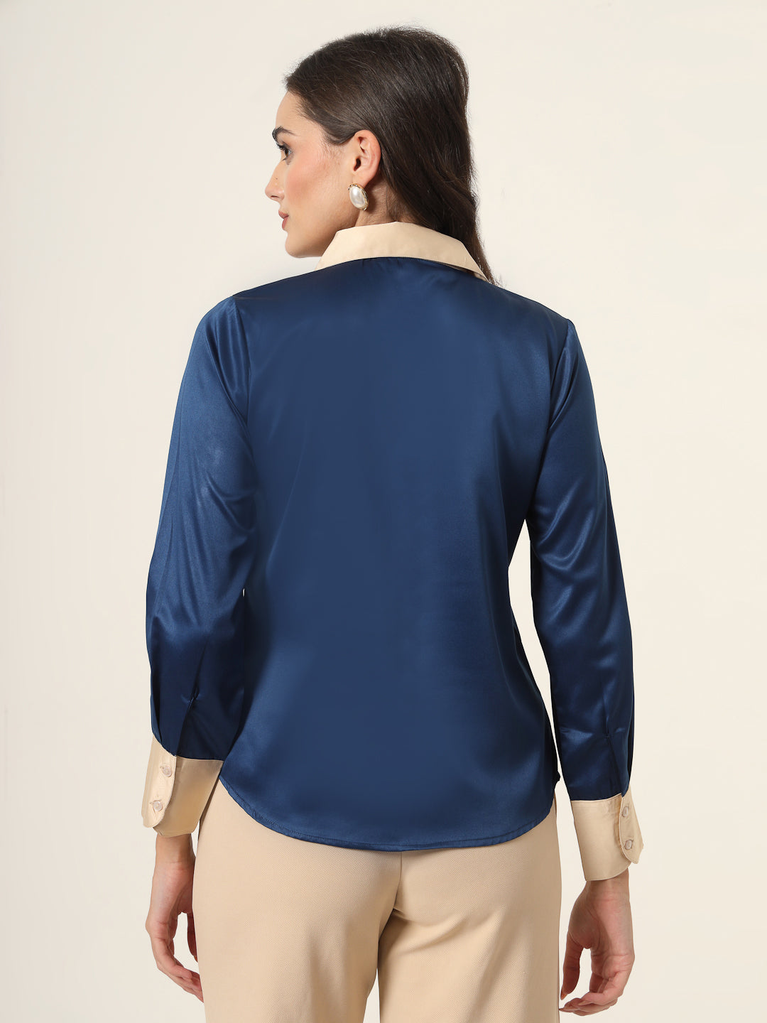 Style Quotient Women Navy And Champagne ColorBlock Satin Regular Fit Semi Formal Shirt-Shirts-StyleQuotient