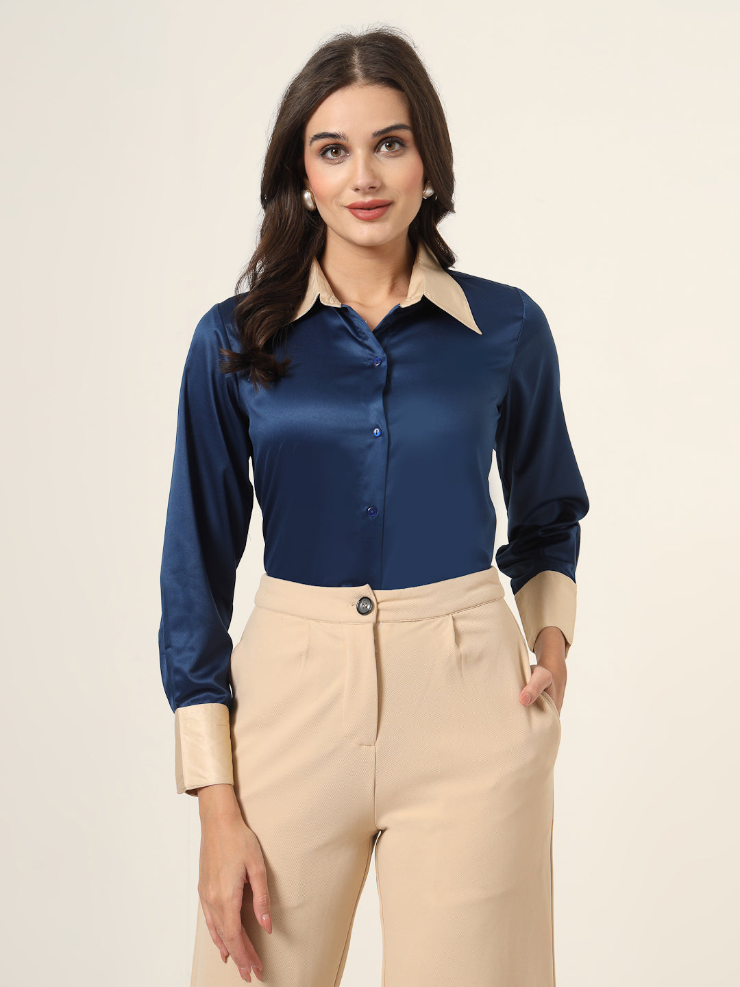 Style Quotient Women Navy And Champagne ColorBlock Satin Regular Fit Semi Formal Shirt-Shirts-StyleQuotient