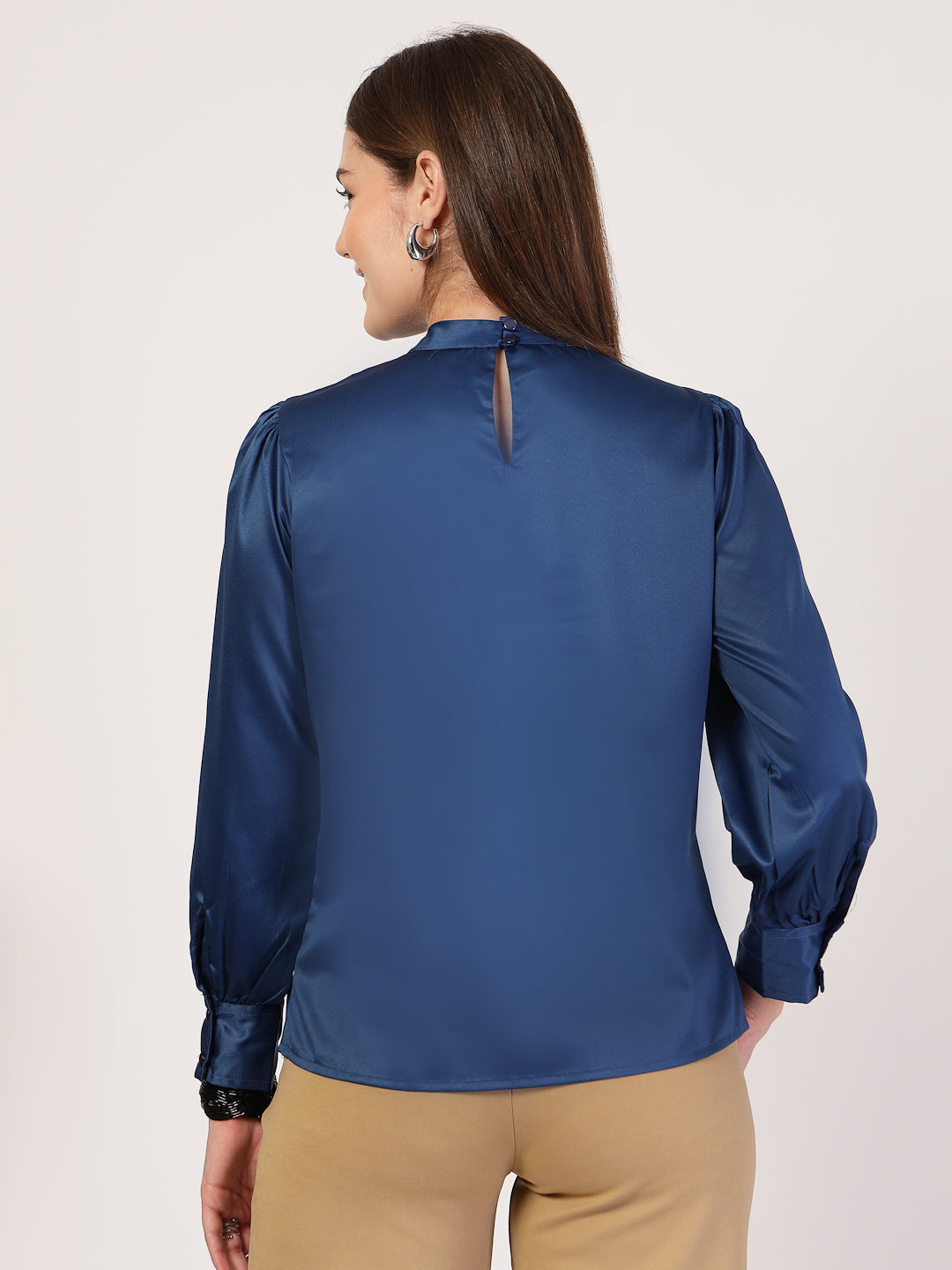 Style Quotient Women Solid Petrol Satin Regular Fit Semi Formal Top-Tops-StyleQuotient