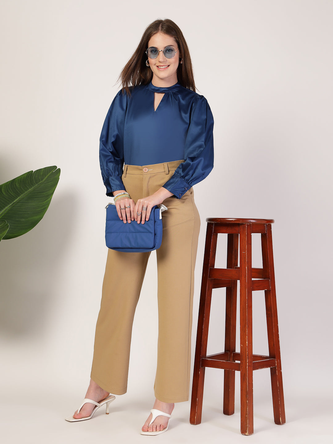 Style Quotient Women Solid Petrol Satin Regular Fit Semi Formal Top-Tops-StyleQuotient