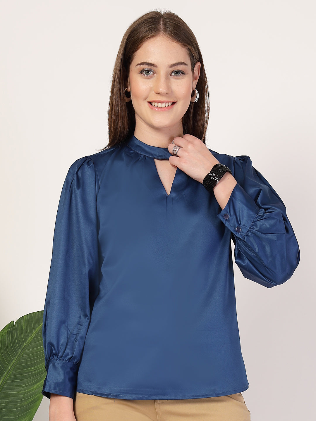 Style Quotient Women Solid Petrol Satin Regular Fit Semi Formal Top-Tops-StyleQuotient