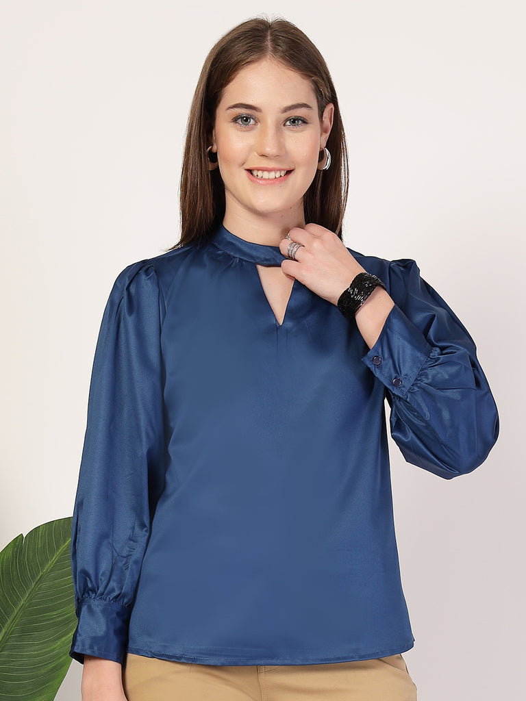 Style Quotient Women Solid Petrol Satin Regular Fit Semi Formal Top-Tops-StyleQuotient