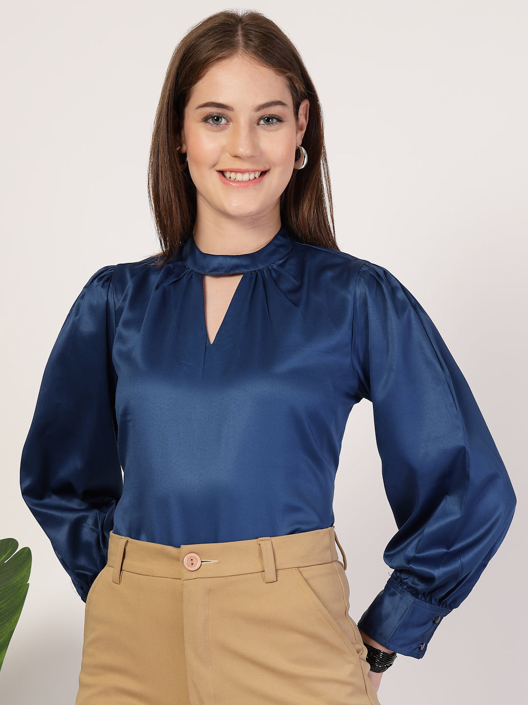 Style Quotient Women Solid Petrol Satin Regular Fit Semi Formal Top-Tops-StyleQuotient