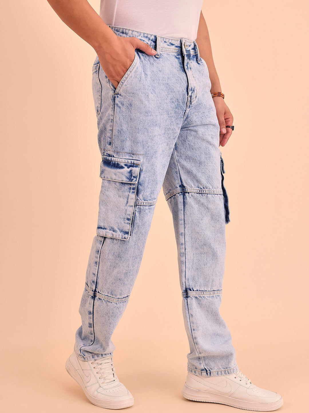 Style Quotient Men Light Blue Relaxed Fit Mid Rise Cargos-Mens Jeans-StyleQuotient