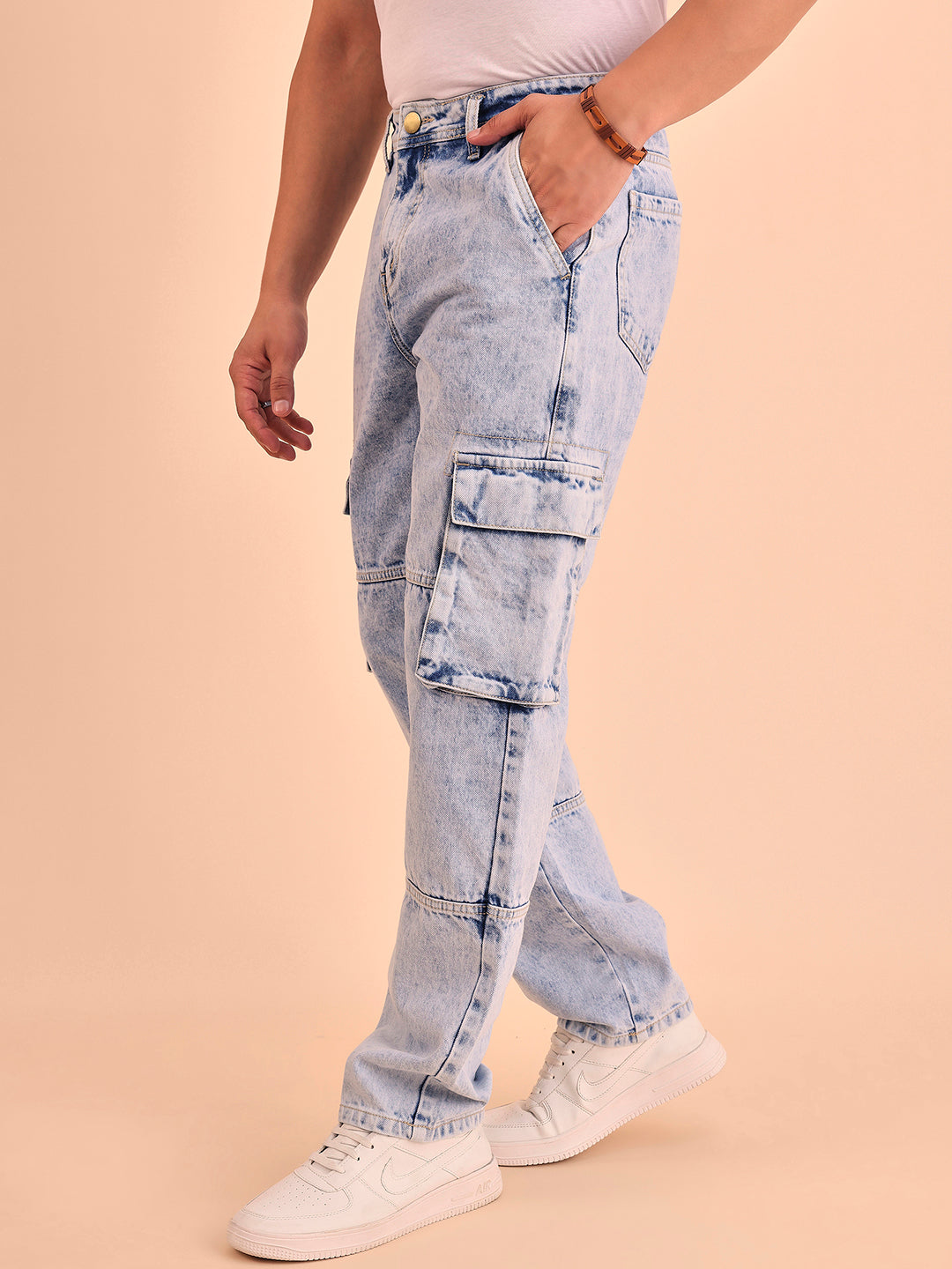 Style Quotient Men Light Blue Relaxed Fit Mid Rise Cargos-Mens Jeans-StyleQuotient