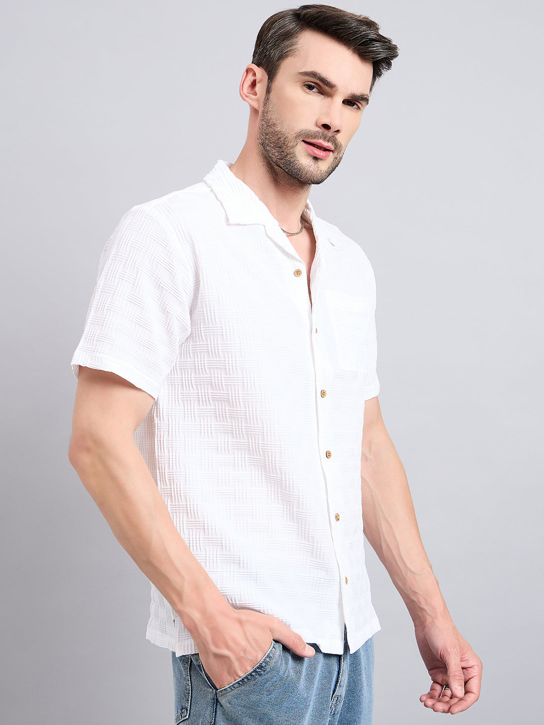 Style Quotient Men White Textured Oversize Shirt-Mens Shirt-StyleQuotient