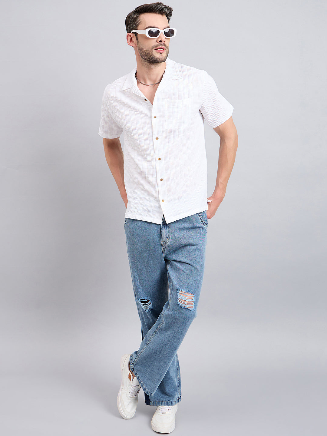 Style Quotient Men White Textured Oversize Shirt-Mens Shirt-StyleQuotient