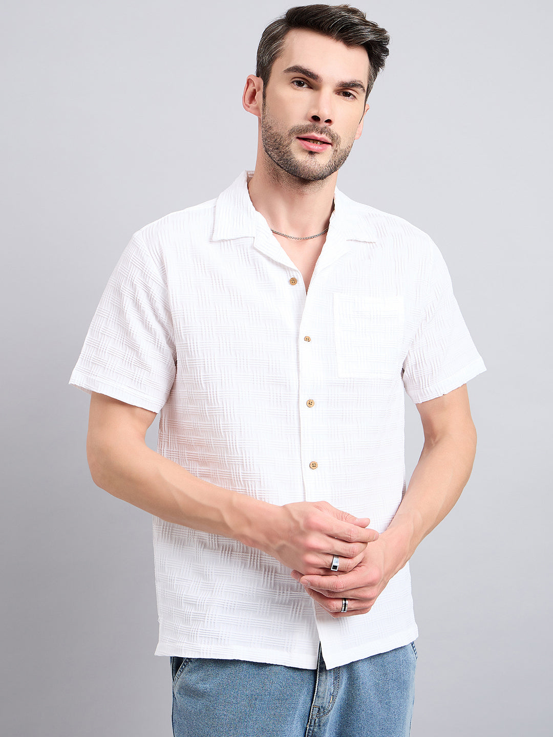 Style Quotient Men White Textured Oversize Shirt-Mens Shirt-StyleQuotient