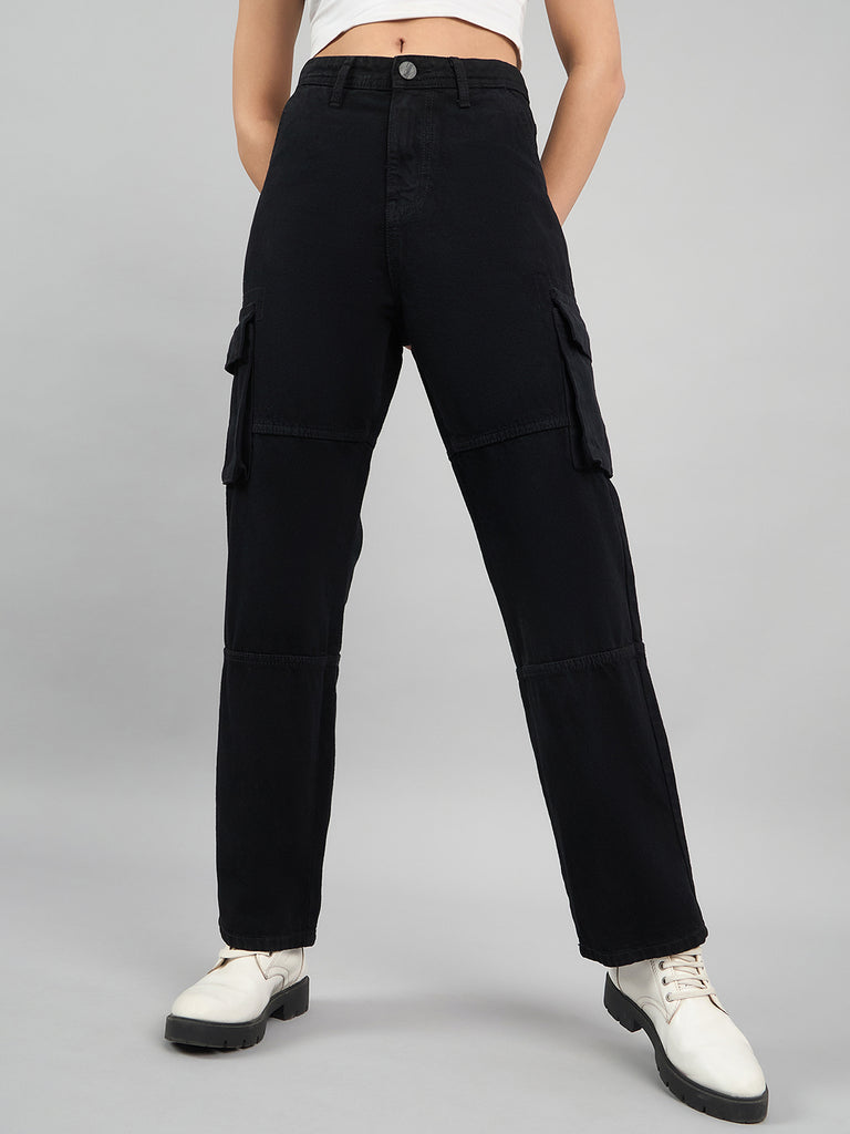 Style Quotient Women Black Relaxed Fit High Rise Cargos-Jeans-StyleQuotient