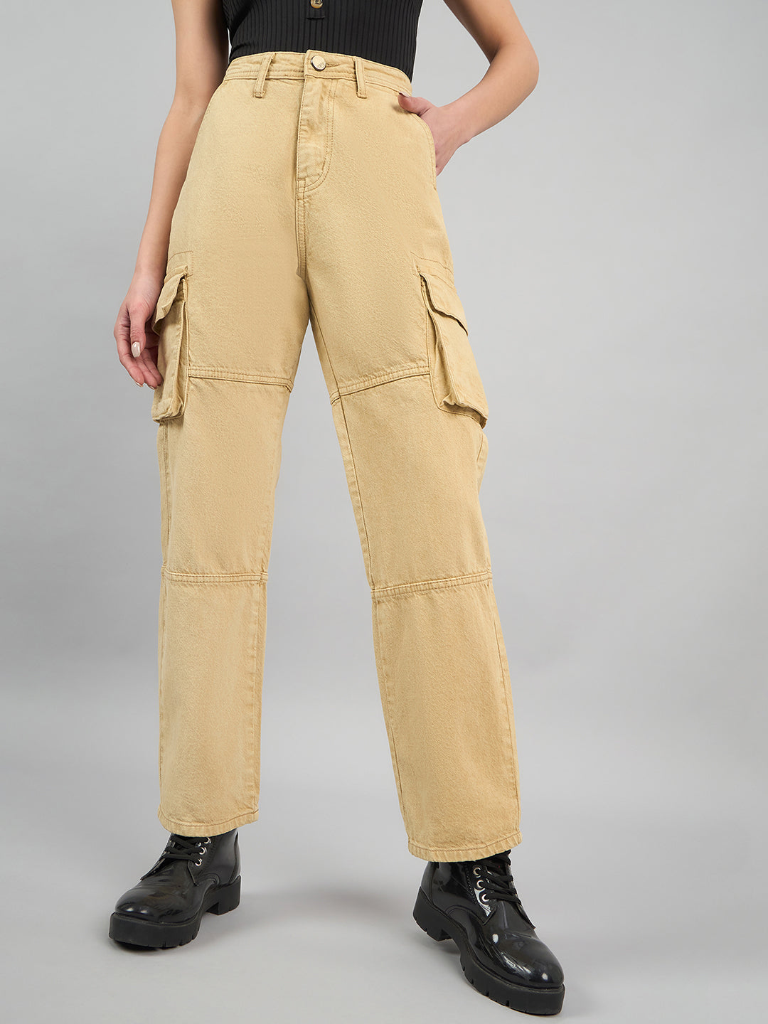 Style Quotient Women Khaki Relaxed Fit High Rise Cargos-Jeans-StyleQuotient