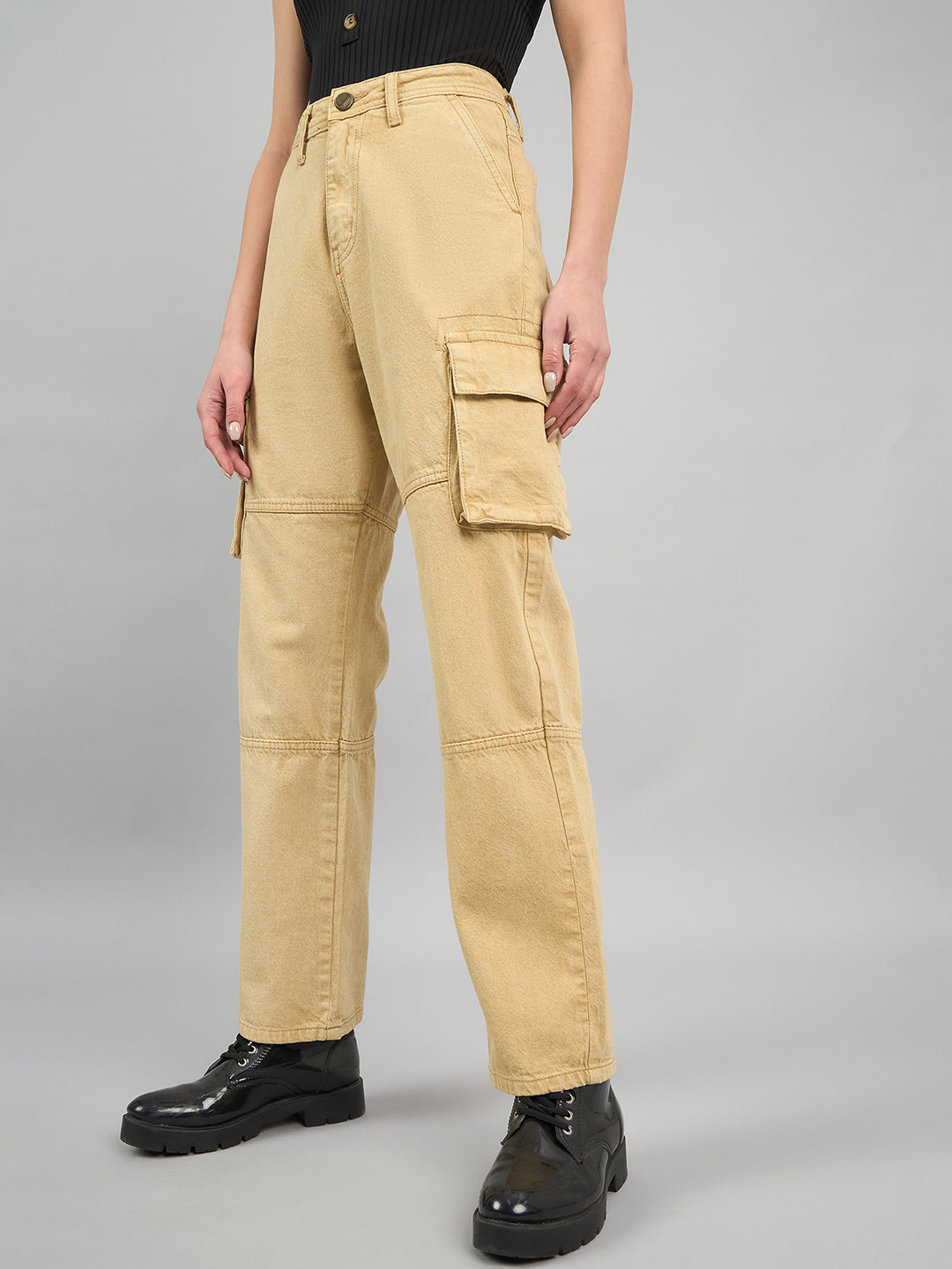 Style Quotient Women Khaki Relaxed Fit High Rise Cargos-Jeans-StyleQuotient