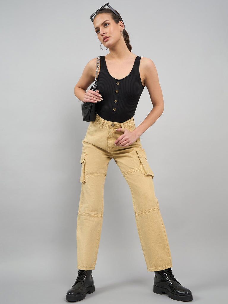 Style Quotient Women Khaki Relaxed Fit High Rise Cargos-Jeans-StyleQuotient