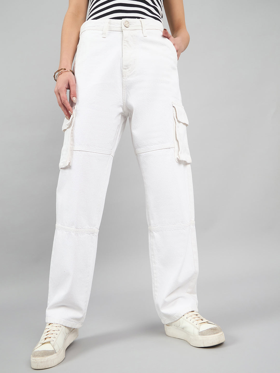 Style Quotient Women White Relaxed Fit High Rise Cargos-Jeans-StyleQuotient