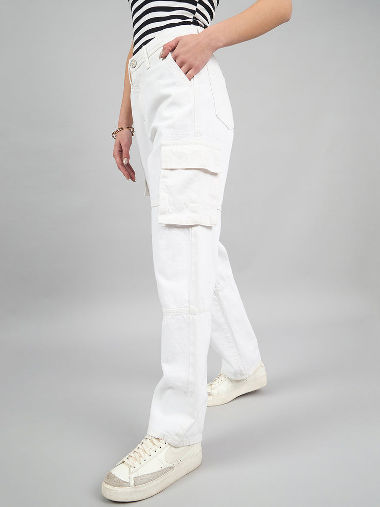 Style Quotient Women White Relaxed Fit High Rise Cargos-Jeans-StyleQuotient