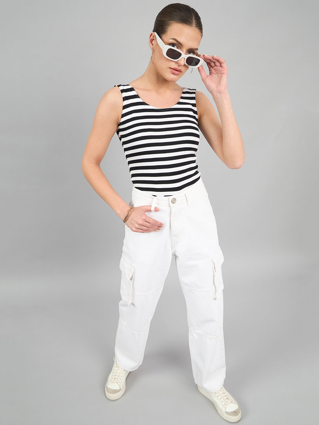 Style Quotient Women White Relaxed Fit High Rise Cargos-Jeans-StyleQuotient