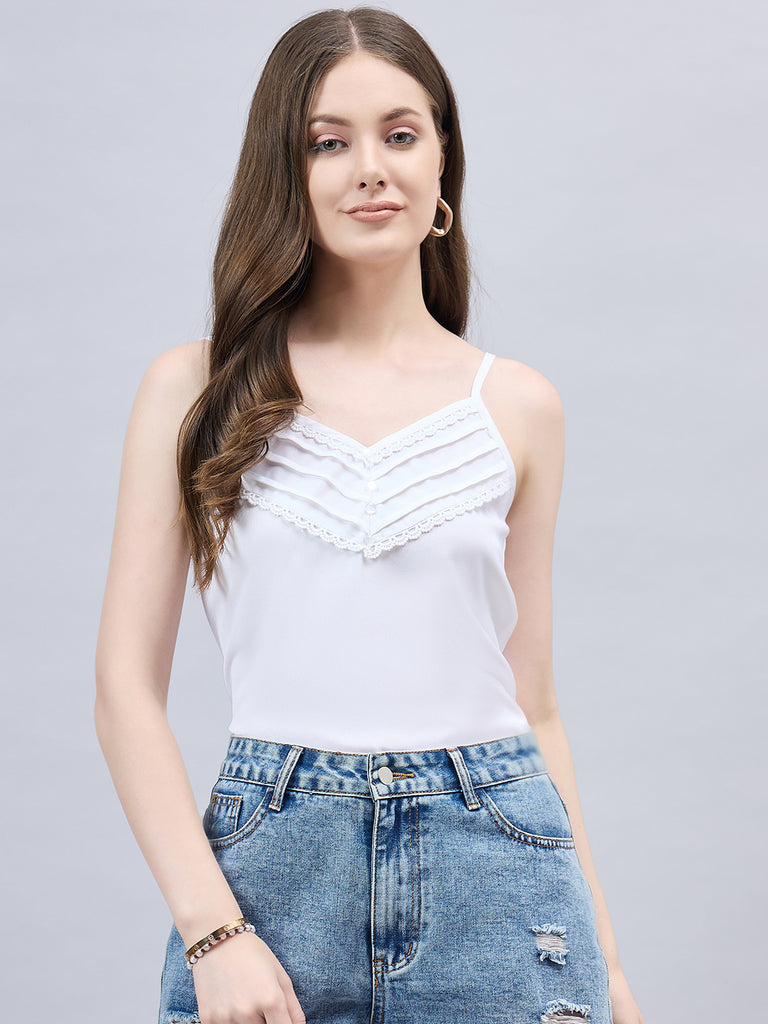 Style Quotient Women Solid White Polymoss Regular Fit Smart Casual Spaghetti Top-Tops-StyleQuotient