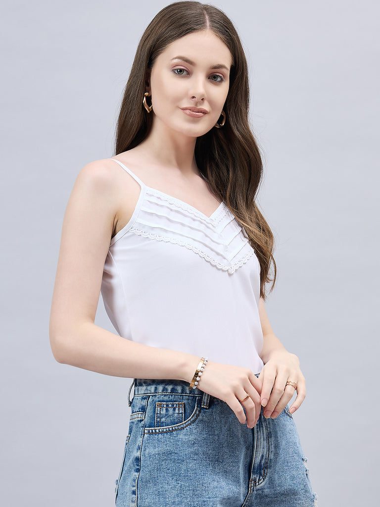 Style Quotient Women Solid White Polymoss Regular Fit Smart Casual Spaghetti Top-Tops-StyleQuotient