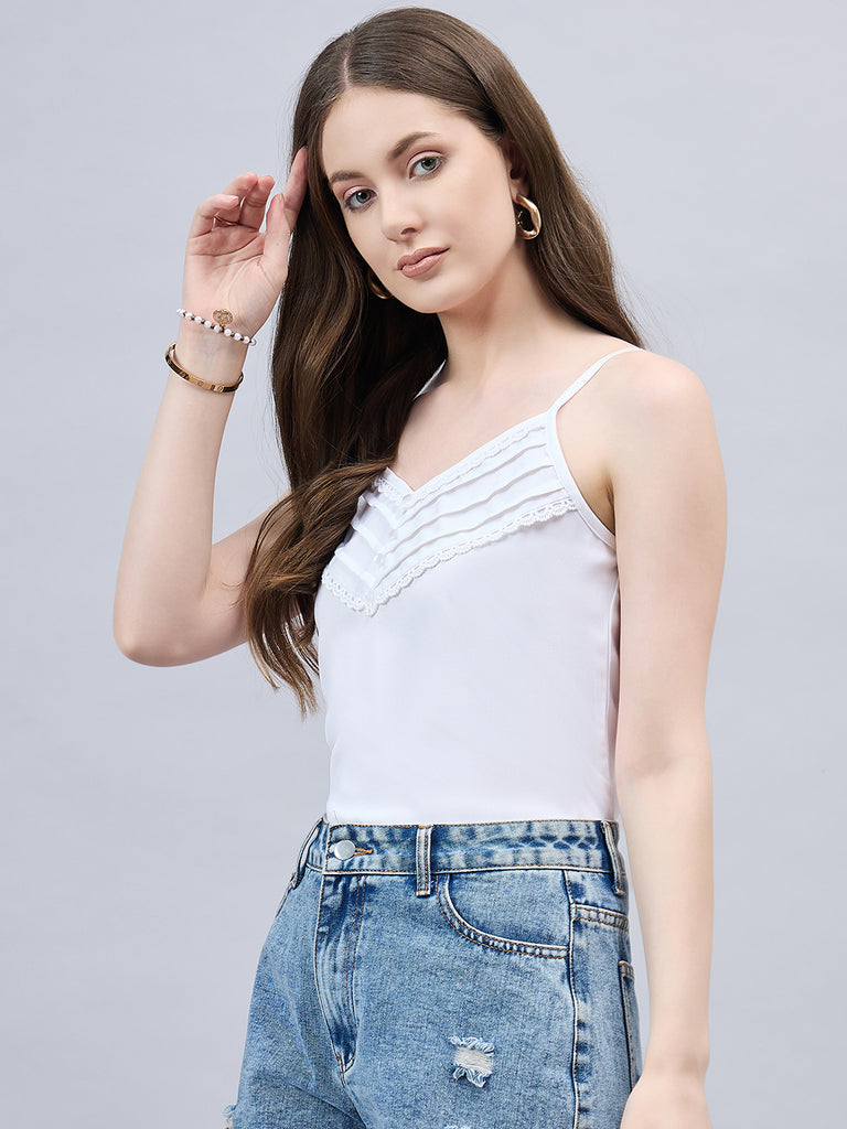 Style Quotient Women Solid White Polymoss Regular Fit Smart Casual Spaghetti Top-Tops-StyleQuotient