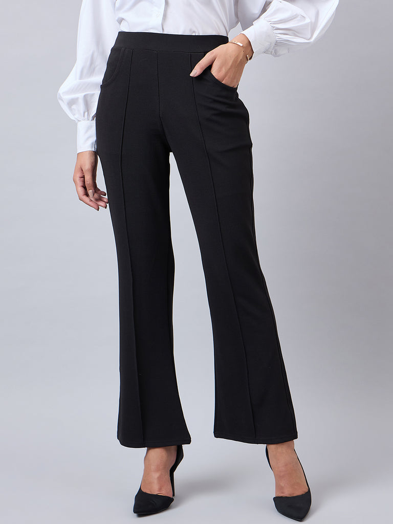 Style Quotient Women Solid Black Self Design Polyester Formal Trouser-Trousers-StyleQuotient