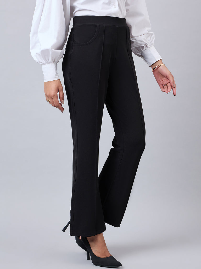 Style Quotient Women Solid Black Self Design Polyester Formal Trouser-Trousers-StyleQuotient