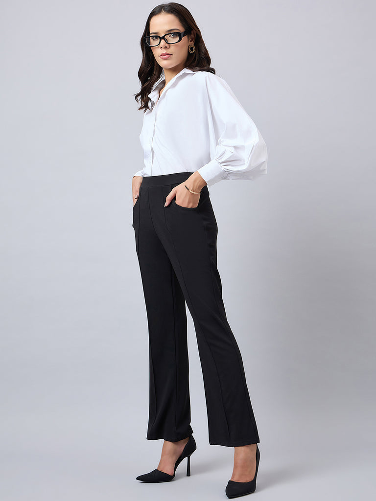 Style Quotient Women Solid Black Self Design Polyester Formal Trouser-Trousers-StyleQuotient