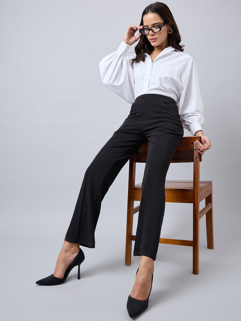 Style Quotient Women Solid Black Self Design Polyester Formal Trouser-Trousers-StyleQuotient