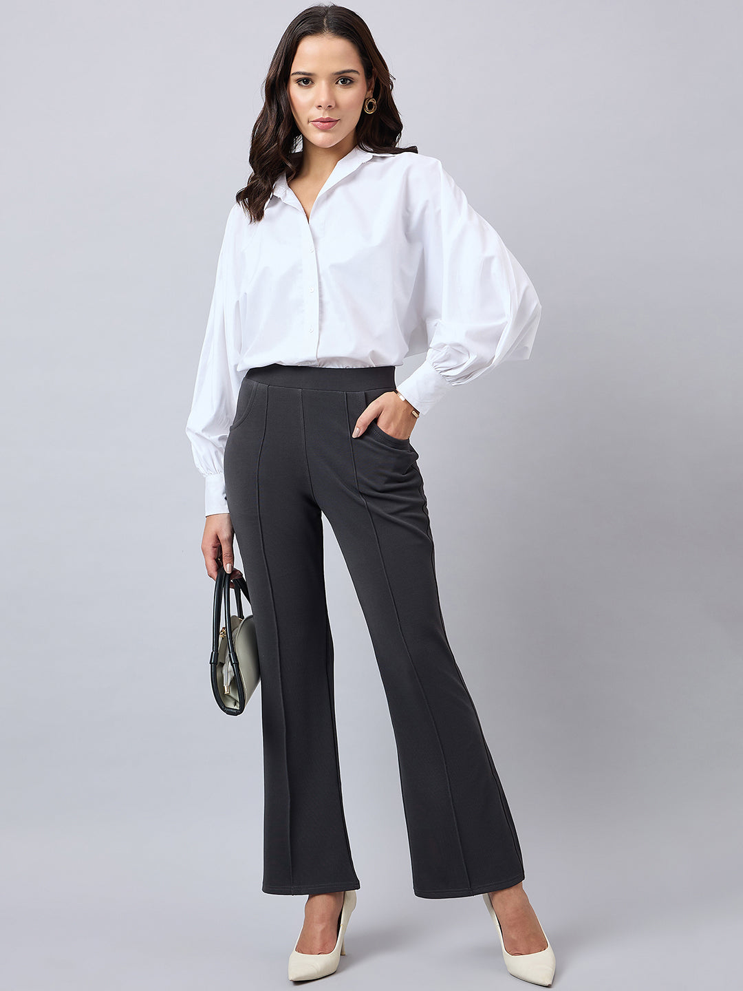 Style Quotient Women Solid Grey Self Design Polyester Formal Trouser-Trousers-StyleQuotient