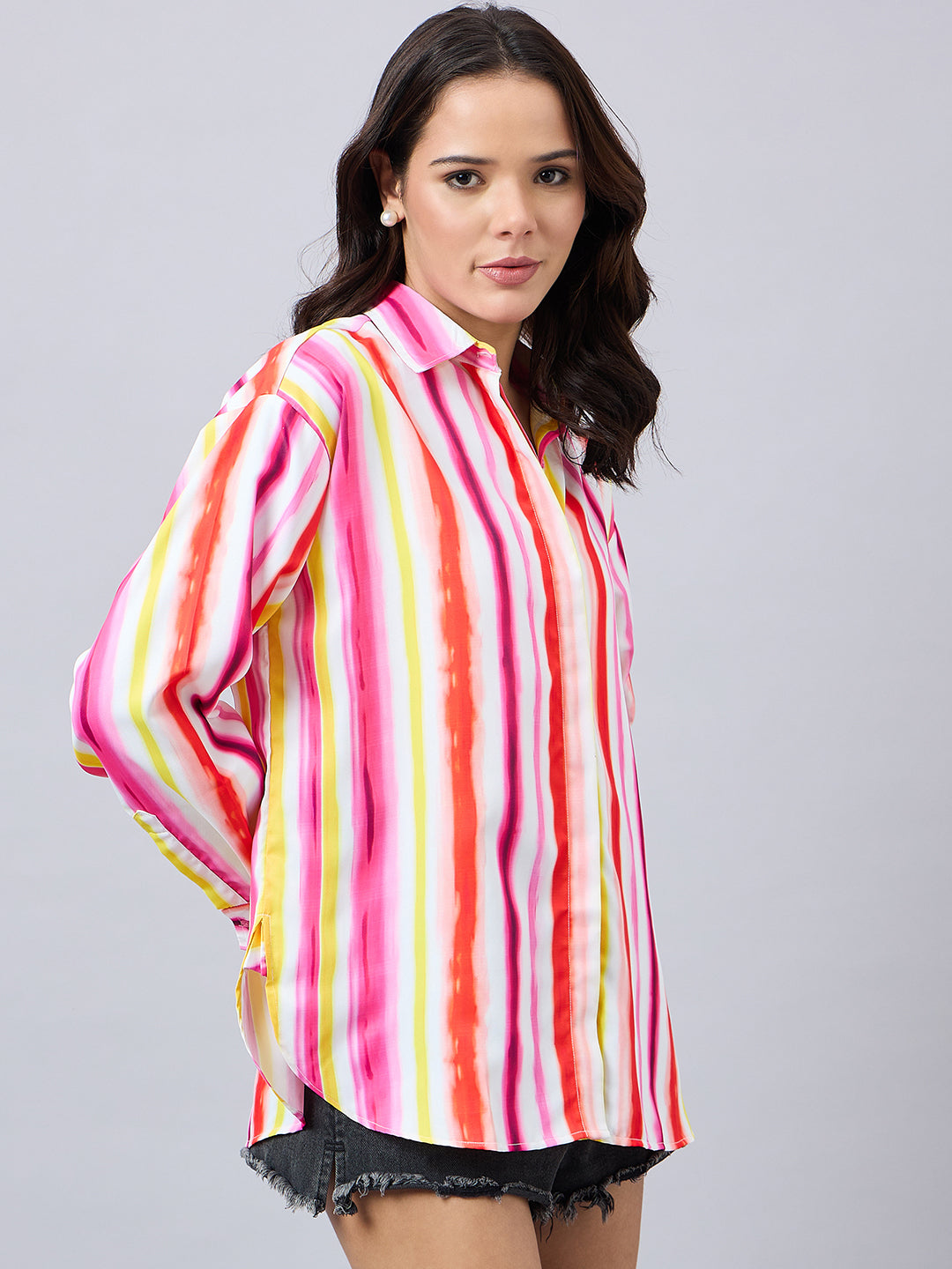 Style Quotient Women Pink And Multi Stripe Printed Polyester Relaxed Fit Smart Casual Shirt-Shirts-StyleQuotient