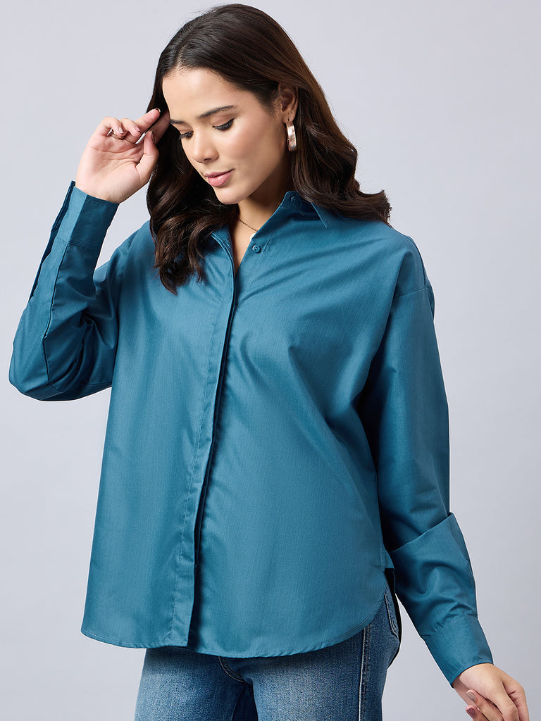 Style Quotient Women Solid Blue Smart Casual Oversized Polycotton Shirt-Shirts-StyleQuotient