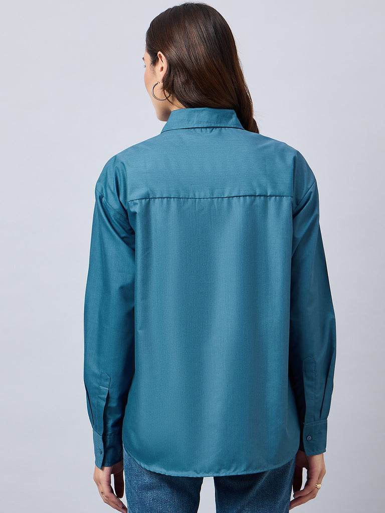 Style Quotient Women Solid Blue Smart Casual Oversized Polycotton Shirt-Shirts-StyleQuotient