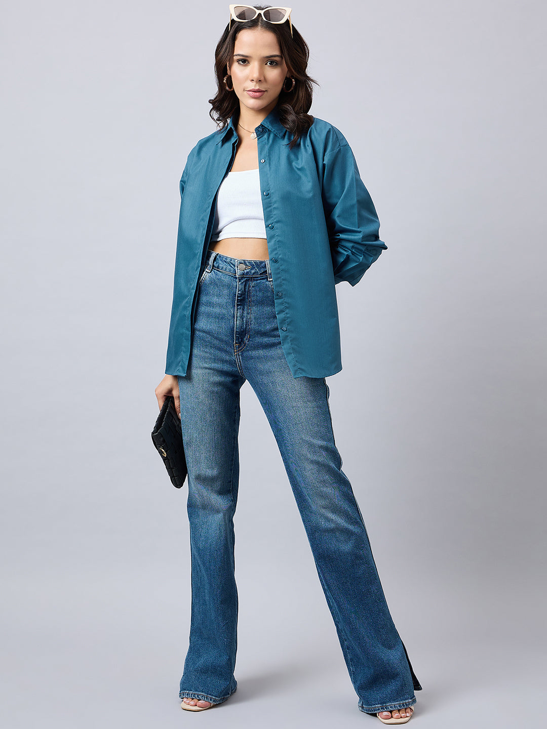 Style Quotient Women Solid Blue Smart Casual Oversized Polycotton Shirt-Shirts-StyleQuotient