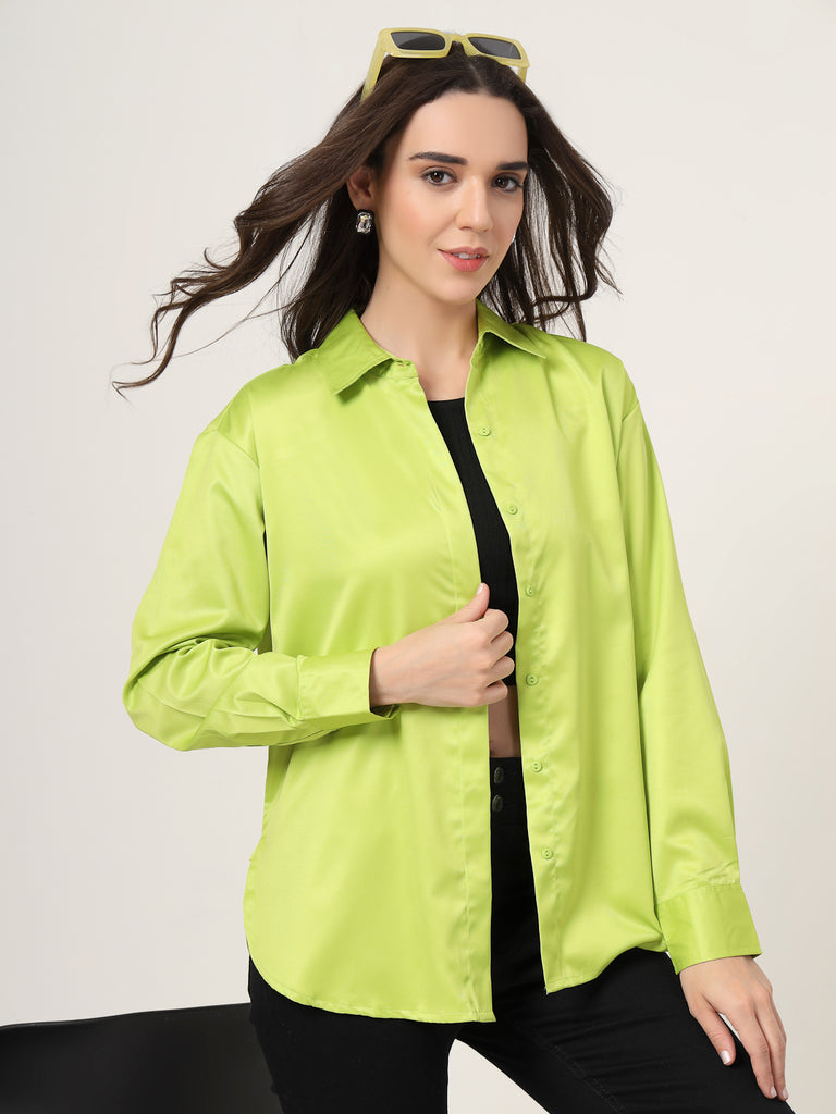 Style Quotient Women Solid Fluorescent Green Smart Casual Oversized Satin Shirt-Shirts-StyleQuotient