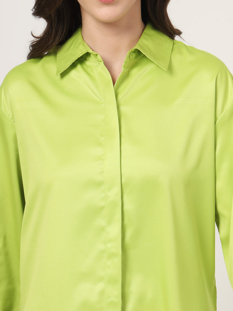 Style Quotient Women Solid Fluorescent Green Smart Casual Oversized Satin Shirt-Shirts-StyleQuotient