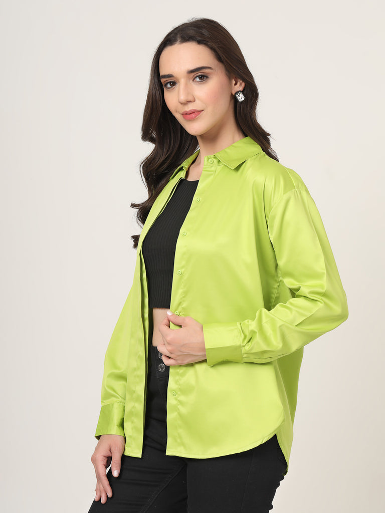 Style Quotient Women Solid Fluorescent Green Smart Casual Oversized Satin Shirt-Shirts-StyleQuotient