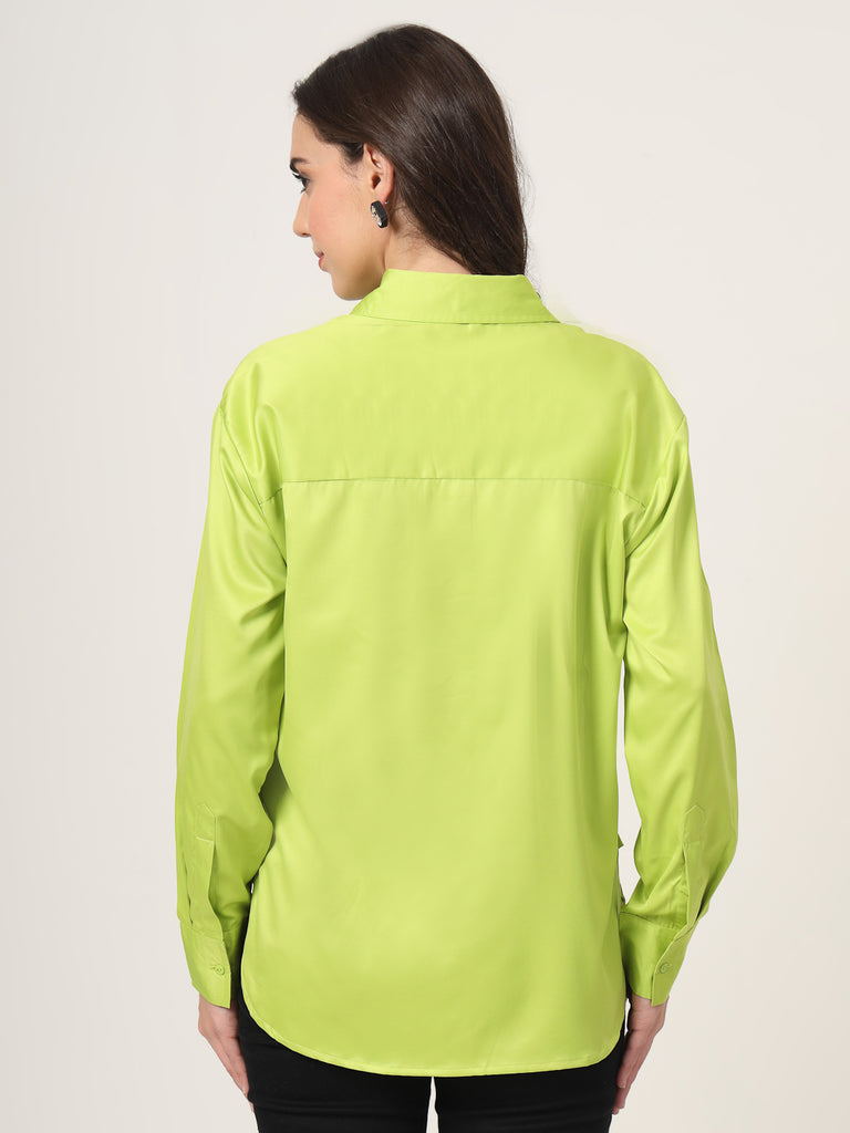 Style Quotient Women Solid Fluorescent Green Smart Casual Oversized Satin Shirt-Shirts-StyleQuotient