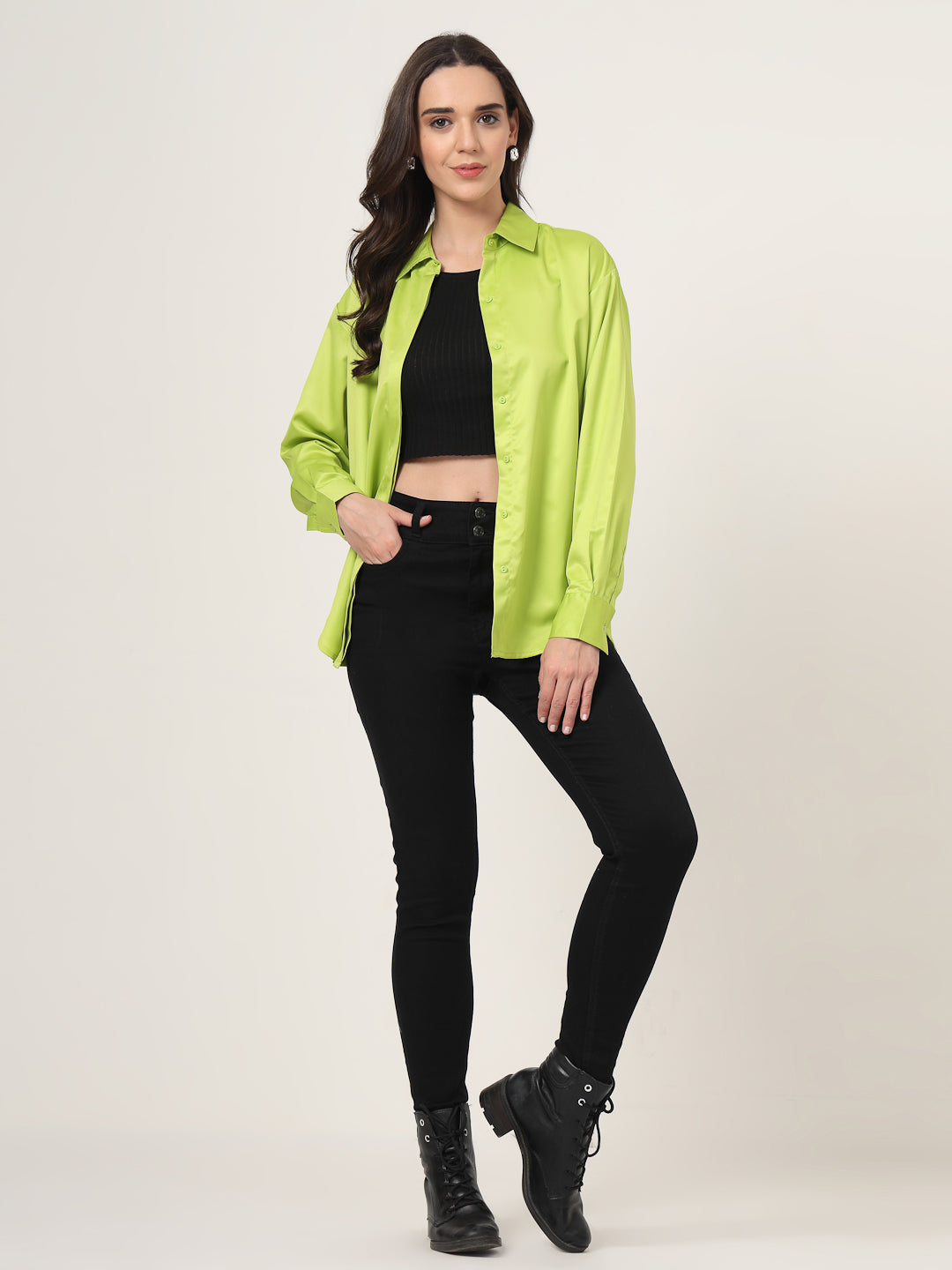 Style Quotient Women Solid Fluorescent Green Smart Casual Oversized Satin Shirt-Shirts-StyleQuotient