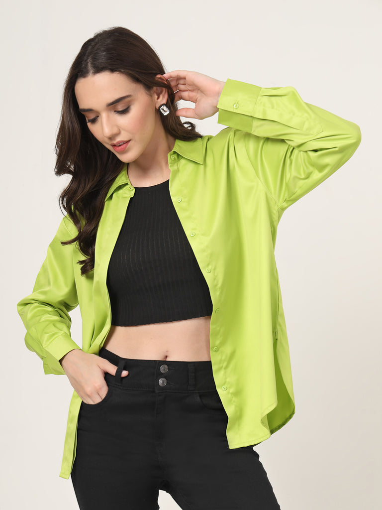 Style Quotient Women Solid Fluorescent Green Smart Casual Oversized Satin Shirt-Shirts-StyleQuotient