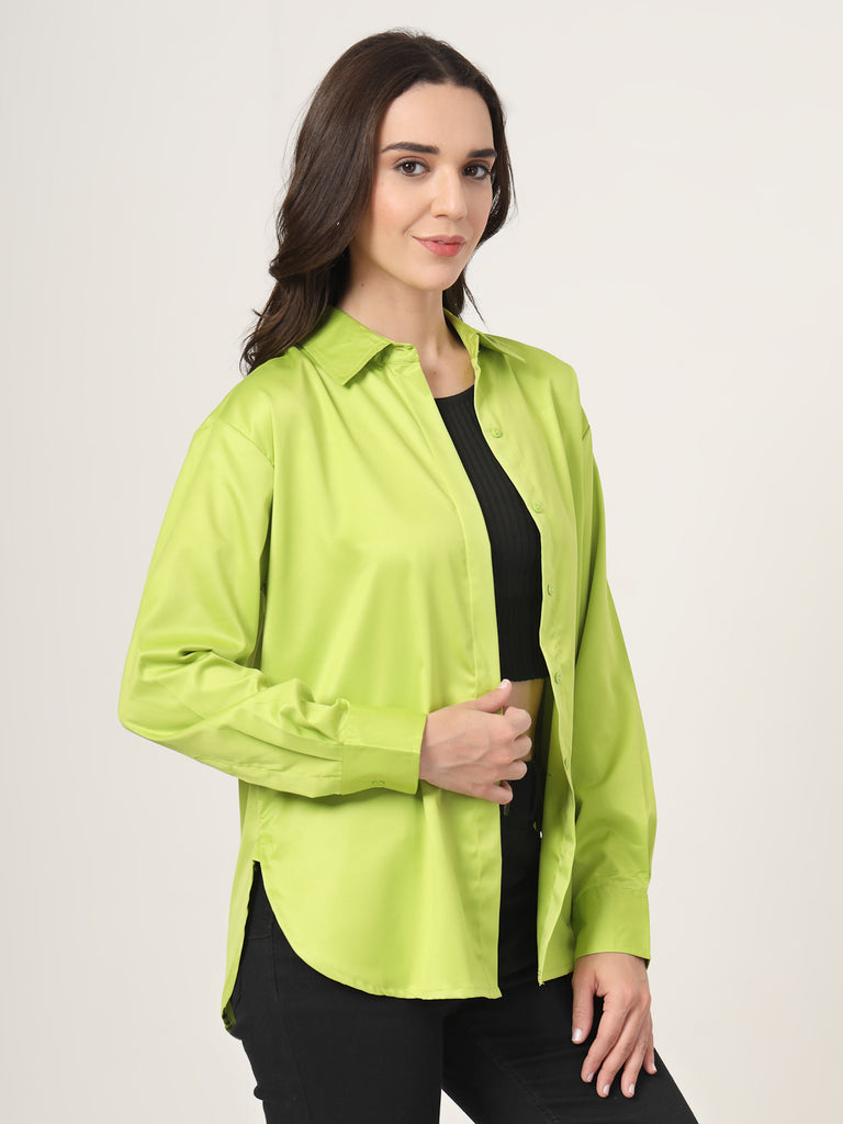 Style Quotient Women Solid Fluorescent Green Smart Casual Oversized Satin Shirt-Shirts-StyleQuotient