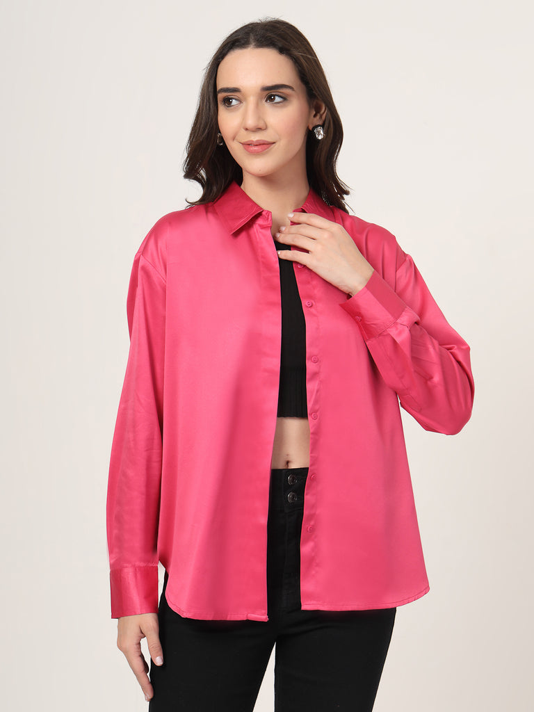 Style Quotient Women Solid Fuchsia Pink Smart Casual Oversized Satin Shirt-Shirts-StyleQuotient