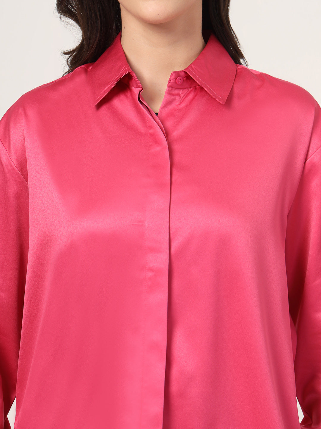 Style Quotient Women Solid Fuchsia Pink Smart Casual Oversized Satin Shirt-Shirts-StyleQuotient