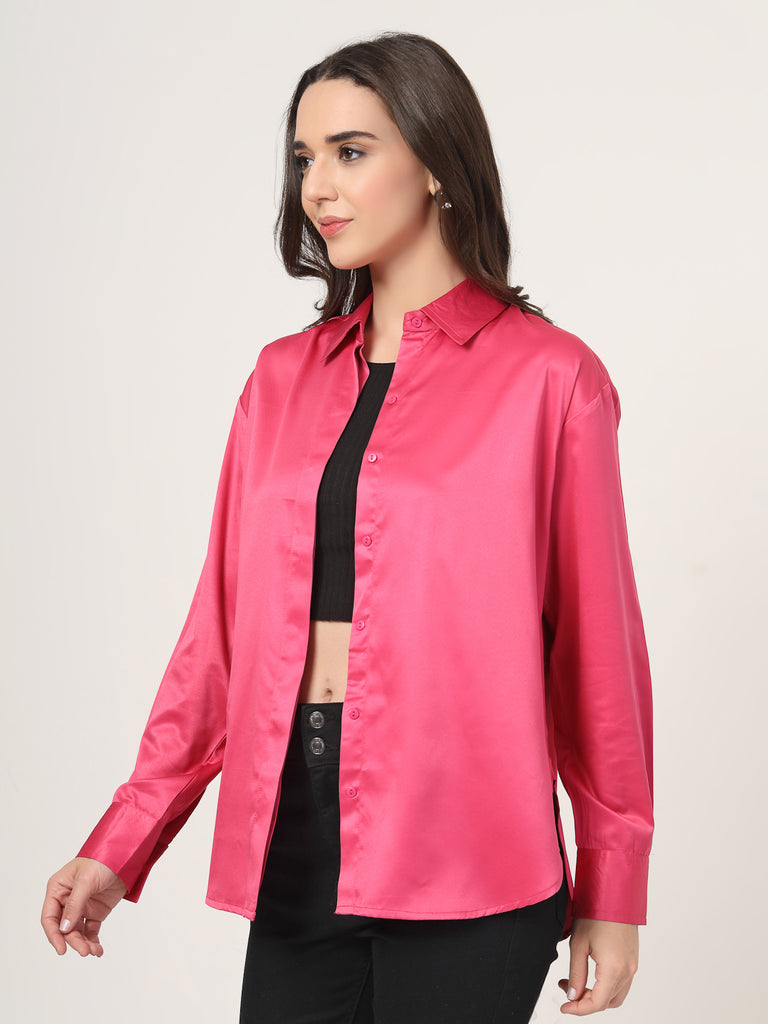 Style Quotient Women Solid Fuchsia Pink Smart Casual Oversized Satin Shirt-Shirts-StyleQuotient