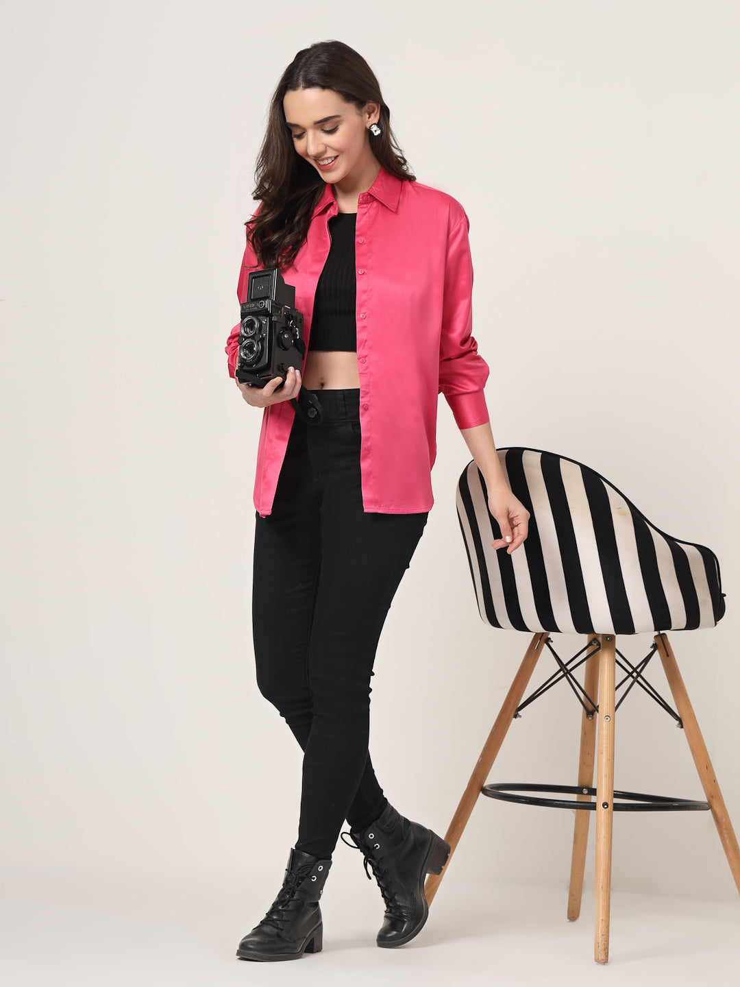 Style Quotient Women Solid Fuchsia Pink Smart Casual Oversized Satin Shirt-Shirts-StyleQuotient