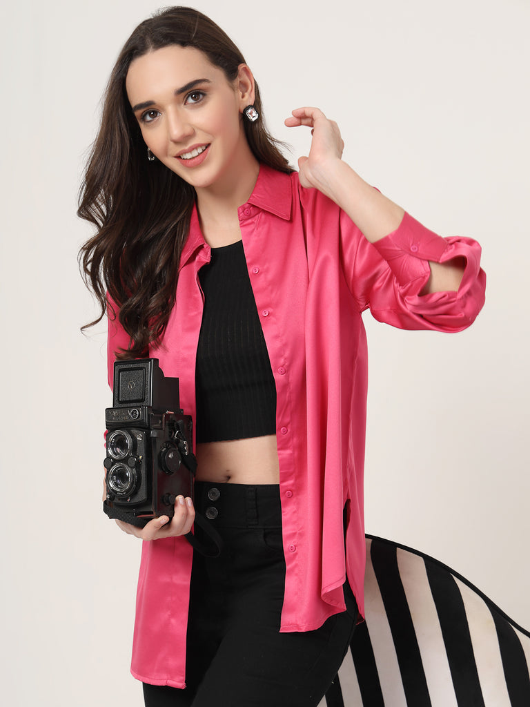 Style Quotient Women Solid Fuchsia Pink Smart Casual Oversized Satin Shirt-Shirts-StyleQuotient