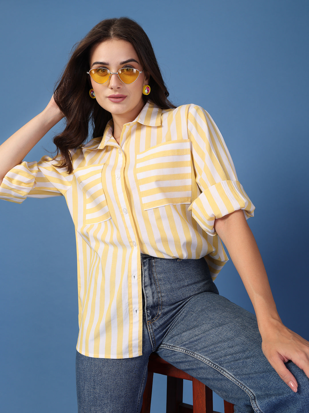 Style Quotient Womens Yellow and White Stripe Shirt-Shirts-StyleQuotient